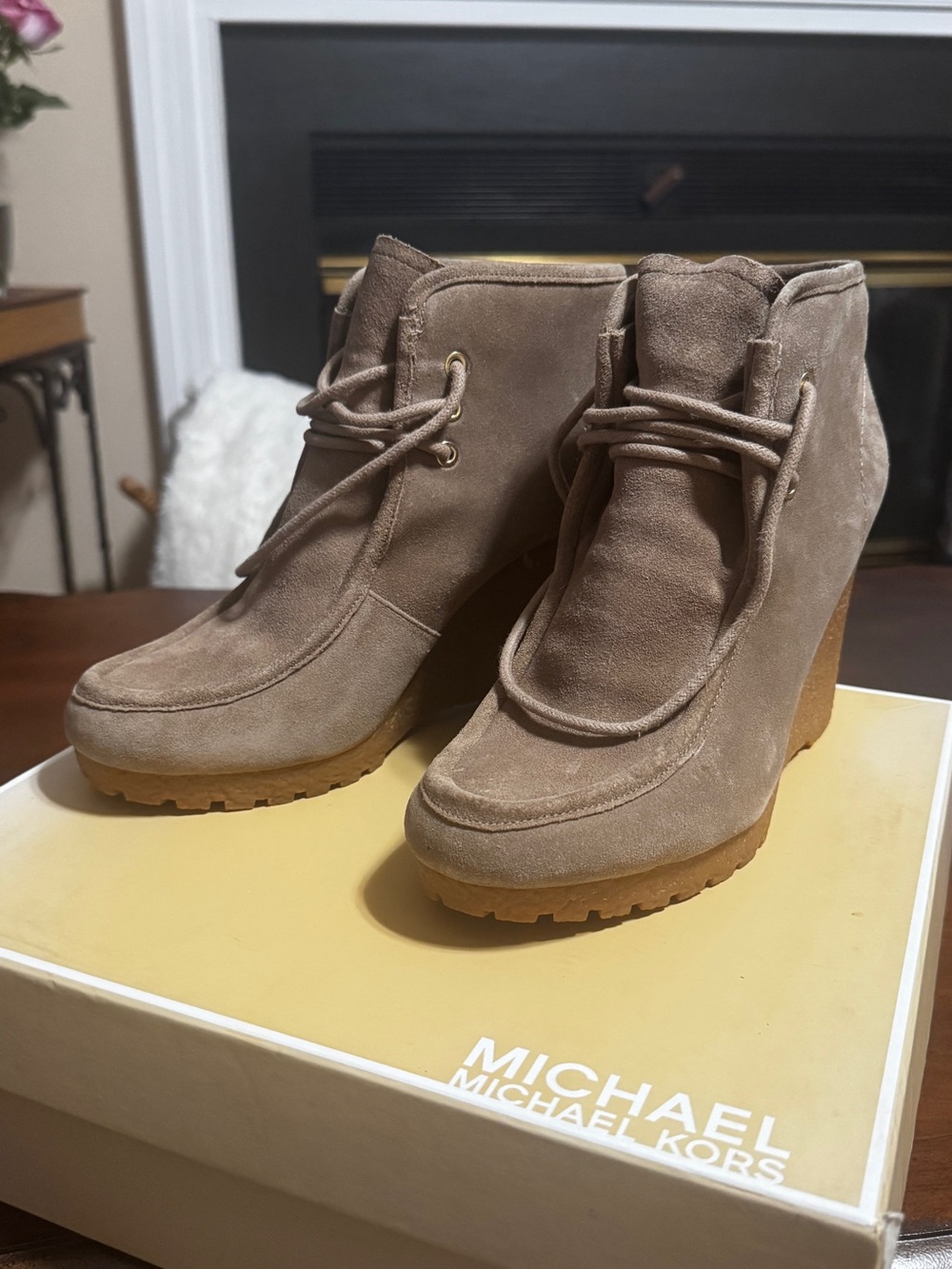 Michael Kors Taupe Suede Wedge Ankle Booties
